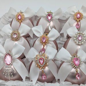 Pink Glass Jewel Christmas Ornaments Set 9 Shabby Victorian Cottage Barbie Chic
